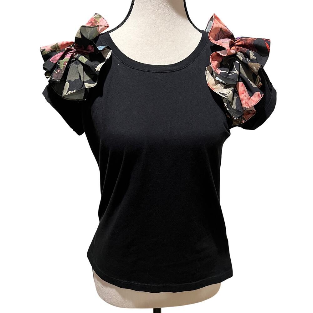 Eugenia Fernandez Floral Ruffle Shoulder Black Statement T-Shirt  Size S